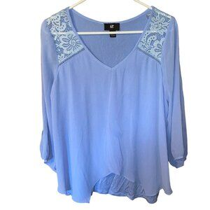 Iz Byer Womens Lace Shoulder Long Sleeve Blouse L Light Blue